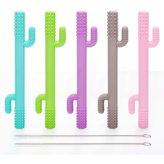 5 Pack Hollow Teether Tube Chewing Straw Toys Silicone Teething Toys for 3-12 Months Baby with Two Cleaning Brushes