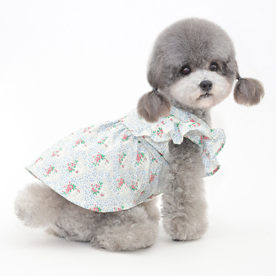 Pet skirt spring and summer puppy skirt Teddy Pomeranian vip Fighting clothes skirt cat clothes pet clothes floral flying sleeve skirt - blue flowers