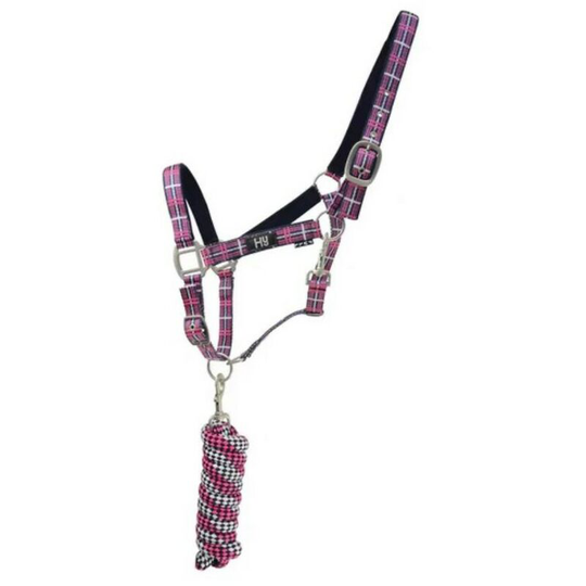 Tartan Head Collar with Lead Rope (Cob) (Raspberry/White/Navy) - Raspberry/White/Navy - HY