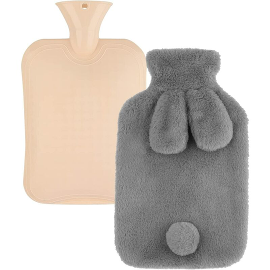 Hot Water Bottle, Rabbit Hot Water Bag with Soft Luxurious Faux Fluffy Plush Cover 2L Dark Grey Cold Compress Bags Cold Therapy pvc Hot Compress Bag
