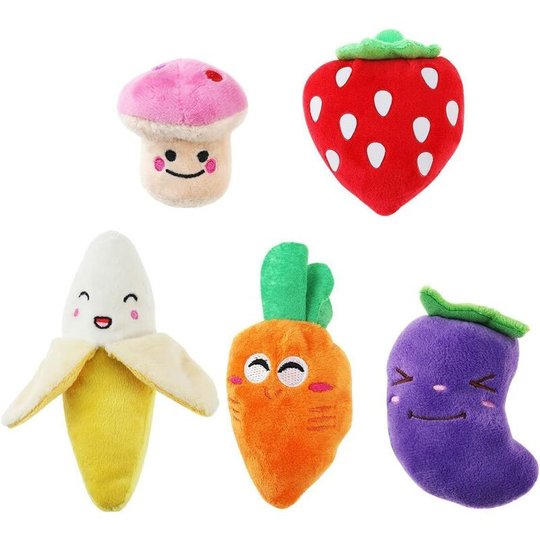 5 Pack Squeaky Plush Puppy Toys, Fruits and Vegetables