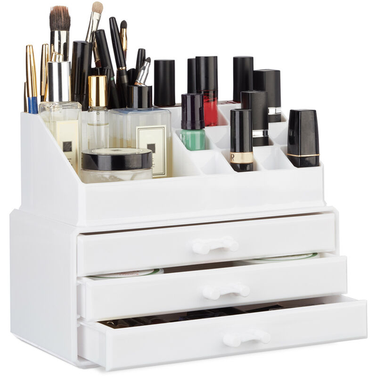 Small Makeup Organizer, 2-Piece Cosmetics Storage with Drawers, Stackable Makeup Shelf, White - Relaxdays