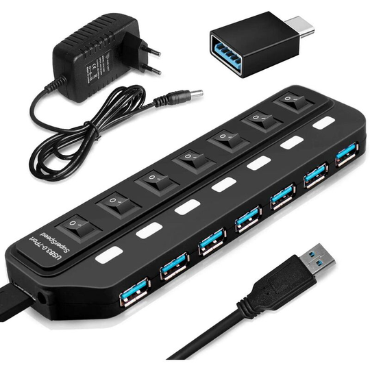 Usb 3.0 Powered 7 Port Data Hub with Individual Switches usb Splitter with Individual Switches and Power Adapter Compatible with Windows/Mac/Linux