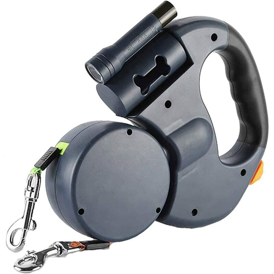 Bearsu - Double Dog Leash, Retractable Dog Leash, 360° Tangle-Free Adjustable Rotation with Reflective Strips, Flashlight and Waste Bag Dispenser for