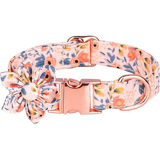 Litzee - Floral Dog Cat Collar Bowtie,Removeable Flower Bow Soft Cotton Adjustable Pet Collars Rose Gold Metal Buckle for Dogs Cat (s orange flower