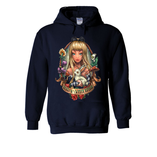 (XX-Large, Navy) Princess Alice's in Wonderland Tattoo Rabbit White Men Women Unisex Hooded Sweatshirt Hoodie