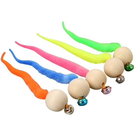 5 Pcs Wooden Bead Bell Toy Caterpillar Pet Toy Kitten Toy Sticks Interactive Toy Cat and Kitten Toy Wands (Blue Pink Yellow Green Orange)