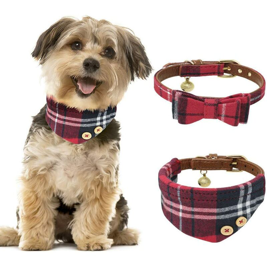 2pcs Leather Dog Collar Adjustable Red Cat Collar Dog Collar with Bandana Bow and Bell for Small Dog, Puppy, Cat