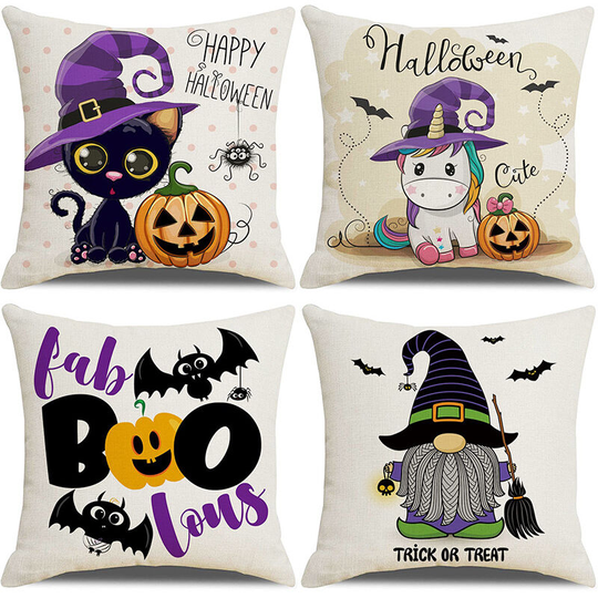 Halloween Pillow Covers 18x18 Set of 4 Trick or Treat Purple Pumpkin Cute Throw Pillow Covers, Halloween Cushion Covers