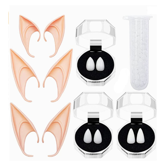 Vampire Teeth, 3 PCS vampire fangs + 3 PCS elf ears + white gutta percha granules, for cosplay, Halloween