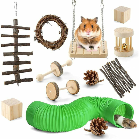 Dwarf Rabbit Toys (12pcs), Natural Wooden Hamster Toys, Indoor Rodent Toys for Small Animals Rabbit/Hamster/Squirrel/Chinchilla