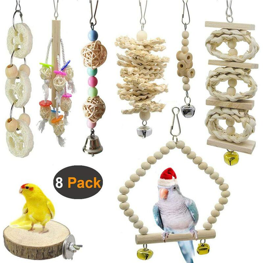 8 packs of bird toys, swing for birds and parrots, bird cage toys - natural wood to hang, for small parakeets, cockatiels, parakeets