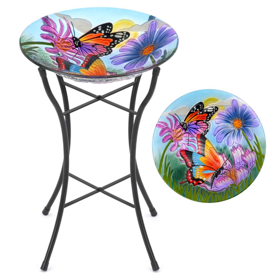 (Butterfly) Glass Bird Bath Hand Painted Glass Garden Decoration With Metal Stand Christow