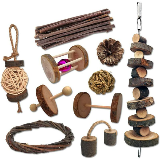 Echoo - 10 Pcs Natural Small Pets Chewable Toys, Wooden Small Animal Toys