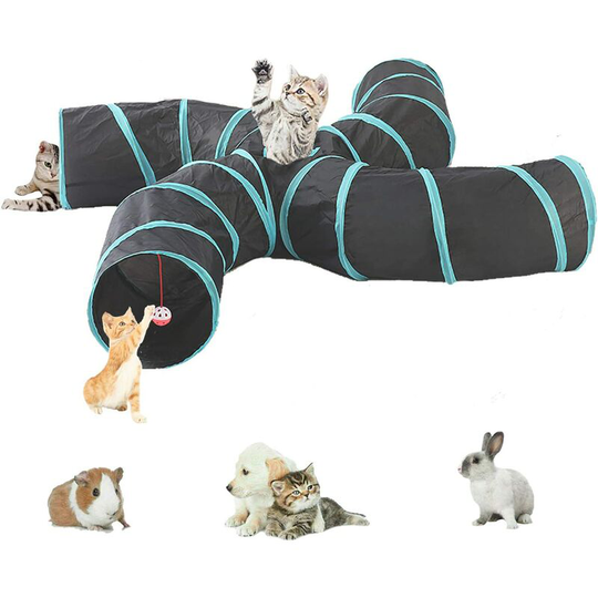 Heguyey - Interactive, collapsible and lightweight crinkle fabric 5 tunnel maze with pompom and bell for cats, small rabbits, kittens, puppies,