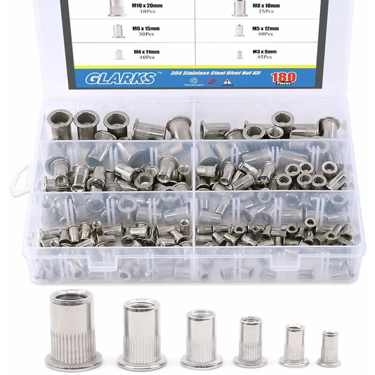 Aougo - 180 Pieces 304 Stainless Steel Flat Head Threaded Rivetnut Insert Nutsert Rivet Nut Assortment Kit - M3 M4 M5 M6 M8 M10