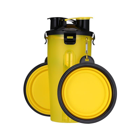 Muff - Portable Pet Water Bottle and Food Container for Travel 2-in-1 Chamber Bottle with 2 Collapsible Bowls (Yellow)