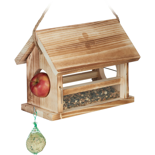 Bird Feeder, Flamed Design, FSC-Certificate, HxWxD: 24x31x20 cm, Weatherproof, Natural - Relaxdays