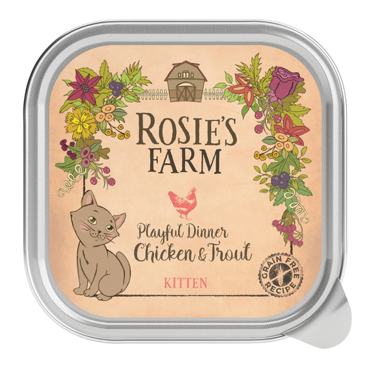 Rosie's Farm Kitten Playful Dinner with Chicken & Trout - Saver Pack: 48 x 100g
