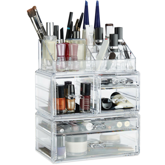 Relaxdays - Makeup Organizer wit 21 Compartments, Cosmetic Tower for Lipstick, Nail Polish, Makeup Tray, Transparent