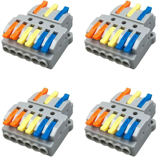 Tinor - 4Pcs KV436 Lever-Nut Wire Connector Set, 3 in 6 Out Conductor Compact Wire Connectors, Compact Connector Spring Terminal Block