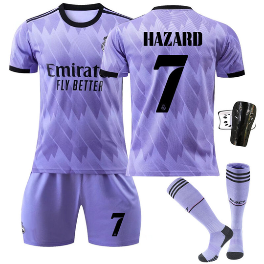 Real Madrid Stadium Away Purple Soccer Suit No. 7 with socks+protective gear, children's size 22