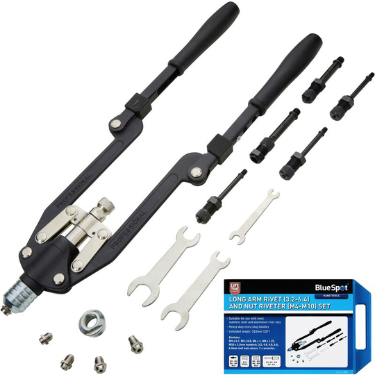 Long Arm Rivet 3.2-6.4 Threaded Nut Riveter M4-M10 Setting Gun Tool Set - Bluespot