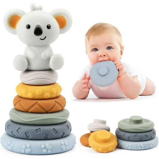 Perle Rare - 7 Pcs Stacking Toys with Rings, Stacking Tower Nesting Circle Toy Squeeze Teething Baby Toys Early Learning Toys for 6 12 18 Months Baby