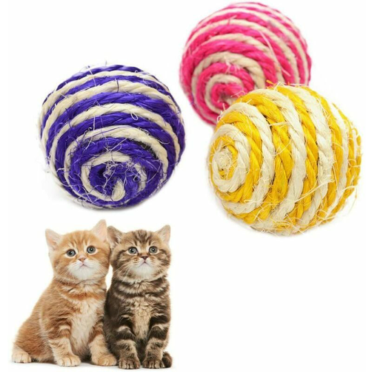 3X Sisal Cat Toy Balls Interactive Sound Balls with Noises Multicolor for Pets