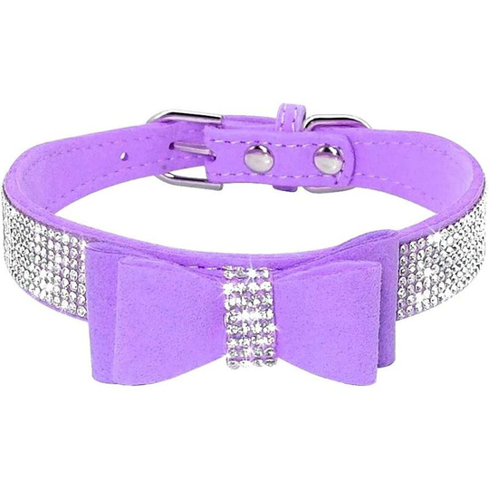 Dog collar with rhinestones, shiny, soft suede, for dogs and cats (size s, purple) - Langray