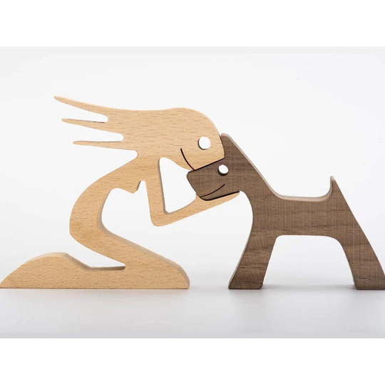 Wooden Dog and Cat Family Statue Handmade Wooden Decoration Cute Puppy Kitten and People Sculpture - Collectible Figurine for Home Office Living Room