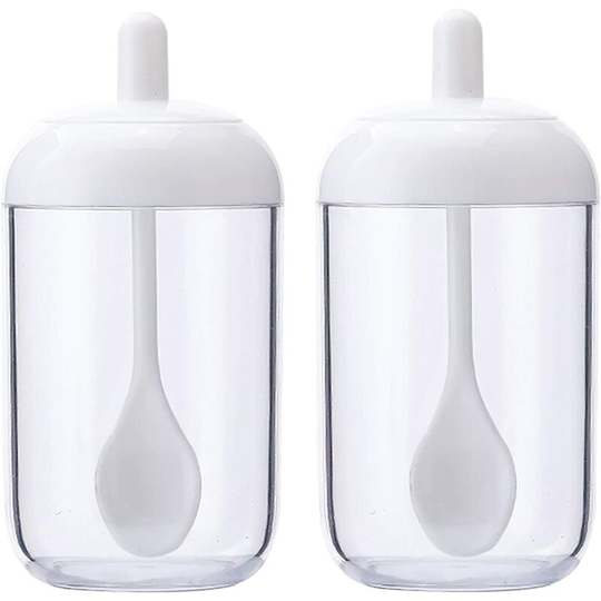 Litzee - Set of 2 Spice Jars, White Transparent Spice Rack, Spice Box with Lid Spoon, Plastic Spice Jars, Spice Shaker Storage Spices/Herbs for the