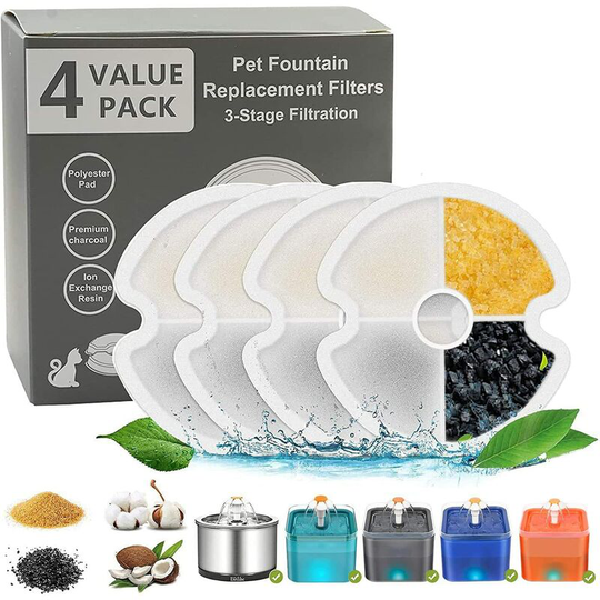 Water Fountain Replacement Filter Set of 4, Stainless Steel with Activated Carbon Filter, White