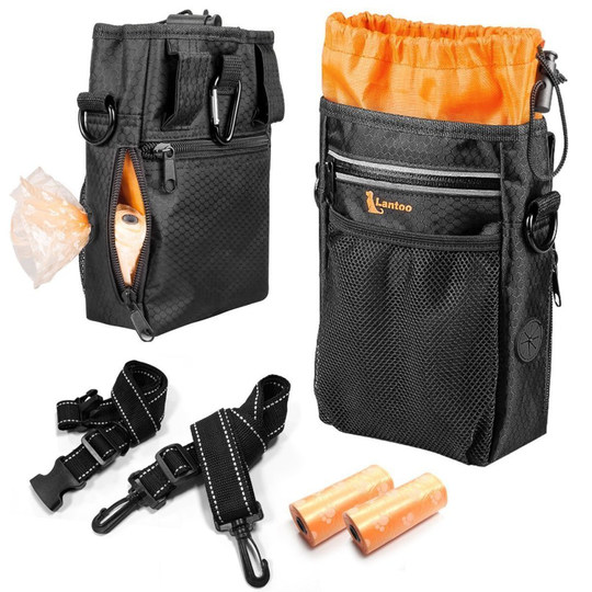lanktoo Dog Treat Bag with Poop Bag Holder, Waterproof Dog Training Bag Pouch W/Shoulder Strap, Waist Belt, Clip, Easily Carry Dog Toys, Food - Black