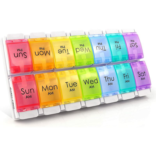 AM PM weekly pill organizer, BPA free, with large compartments and a unique open design to hold tablets, vitamins, medications and cod liver oil