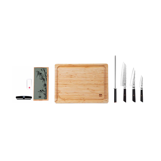 Bunka Essential Set Deluxe (B): 3 Knives (Bunka Paring Knife + Bunka Petty + Kiritsuke) + 3 Accessories (Bamboo Cutting Board, Honing Steel, 400/1000
