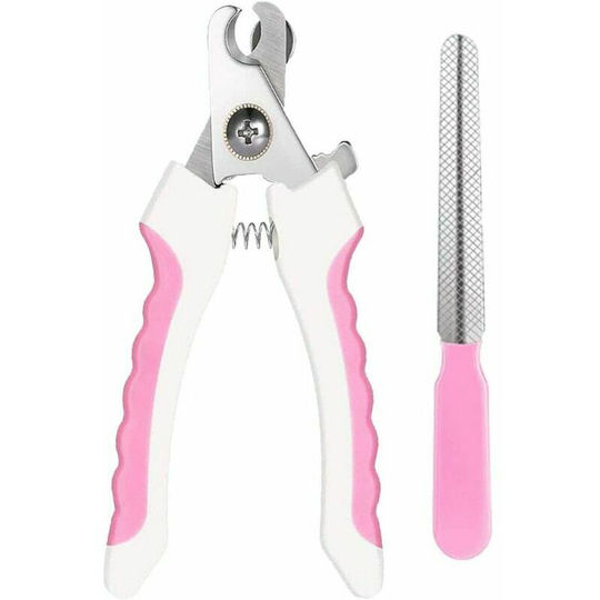 Claw Scissors, Pet Nail Scissors, Stainless Steel Nail Nipper with Nail File and Safety Limit, for Dog, Cat, Bird, Rodent and Any Claw Size (Pink)