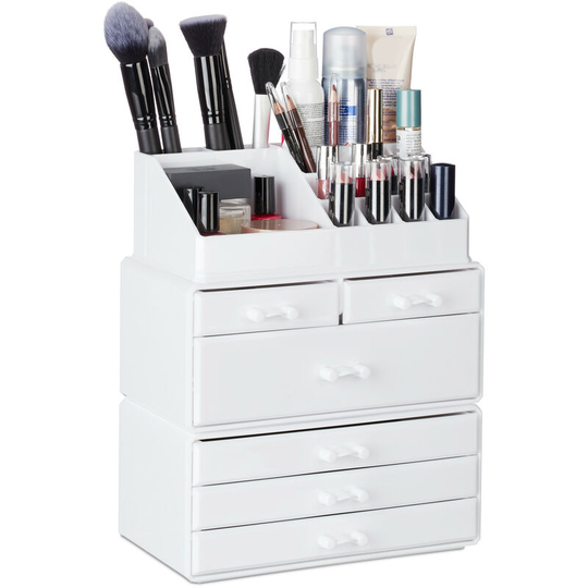 Organiser with 6 Drawers, 22 Compartments for Makeup Storage, Acrylic Cosmetic Tower, White - Relaxdays