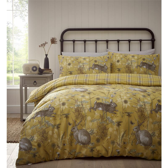 Portfolio Rabbit Meadow Ochre Double Duvet Cover Set Reversible Bedding - Ochre