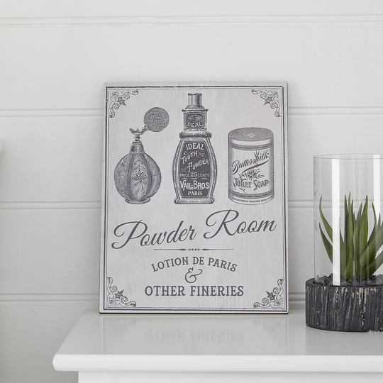 'Powder Room' Textual Art on Wood in Grey