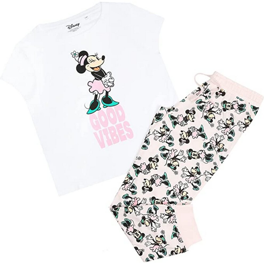 (S, White/Pink/Blue) Disney Womens/Ladies Good Vibes Minnie Mouse Long Pyjama Set