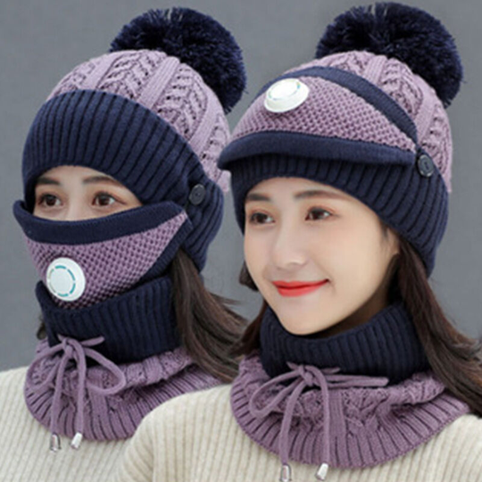 Winter Fashion Riding Hat Ear Protector Wool Hat Mask Neckwear Korean Fashion Knit Warm Three Piece Hat Set (Purple)