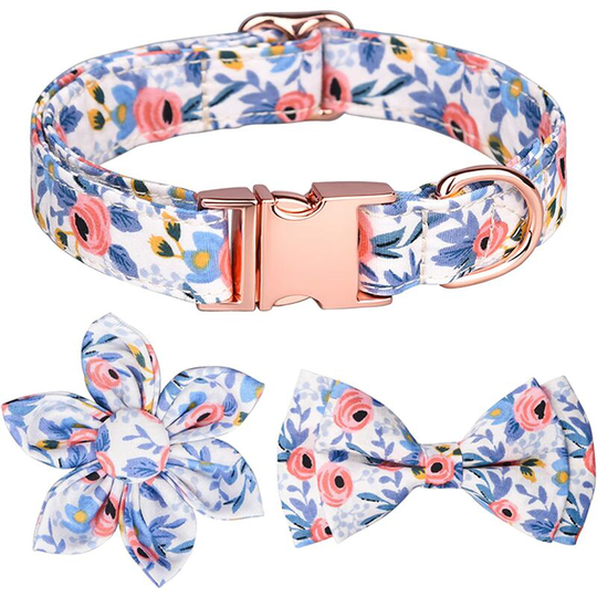 Dog Collar, Adjustable Dog Collars with Metal Quick Release Buckle, Daisy Tie & Bow tie Collar Dogs Collars (Blue l 38-60CM)
