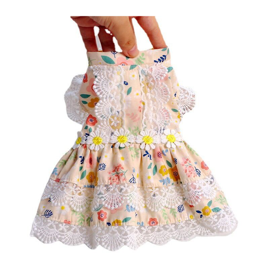 Suitable for small dogs, cats, girls, summer pet beach clothes, cute daisy, emerald flower, princess party, puppy dress, pet floral dress, yellow M