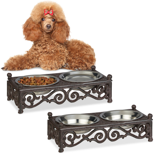 2x Relaxdays Antique-Style Dog Bowl Set, Small Dogs, Cast Iron, Double Stainless Steel Trays, 250 ml, Brown