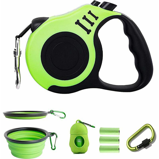 Echoo - 5M Retractable Dog Leash, Durable and Sturdy, 1 Dog Bowl + 1 Trash Bag + 3 Replacements + 1 Carabiner, Suitable for Small and Medium Dogs Up