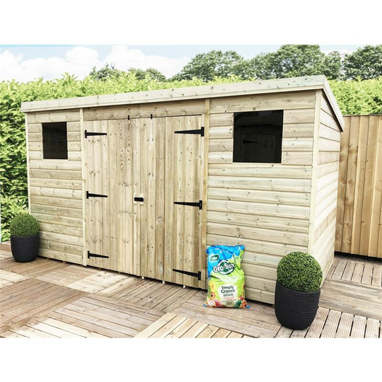14 x 8 Large Pressure Treated Tongue And Groove Pent Shed With 2 Windows + Double Doors (Centre) + Safety Toughened Glass