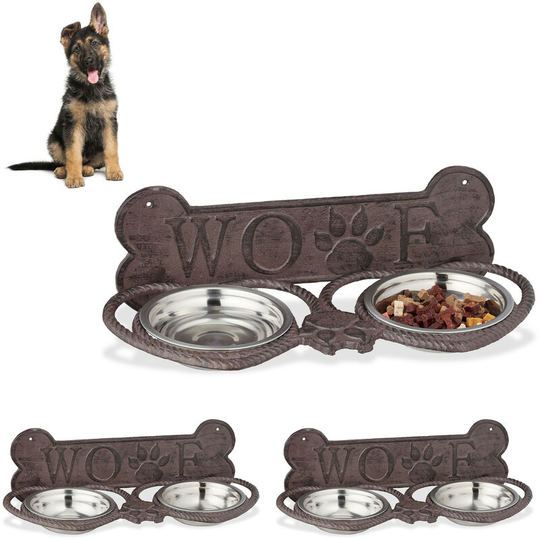 3x Relaxdays Cast Iron Feeding Station, Wall-Mount, 2 Stainless Steel Bowls Each, Antique Design, Dark Brown