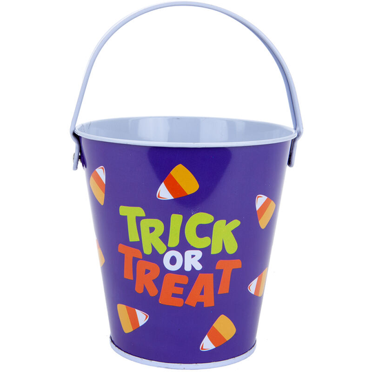 Halloween Sweets Bucket Tin Trick or Treat Candy Bucket, Trick or Treat Design - Purple