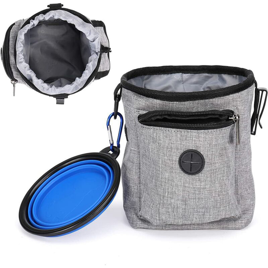 Dog Treat Bag, Puppy Treat Pouch Pet Training Bag Treat 4 Ways to Wear Tote Carry Kibble Snacks Holder with Poop Bag Dispenser